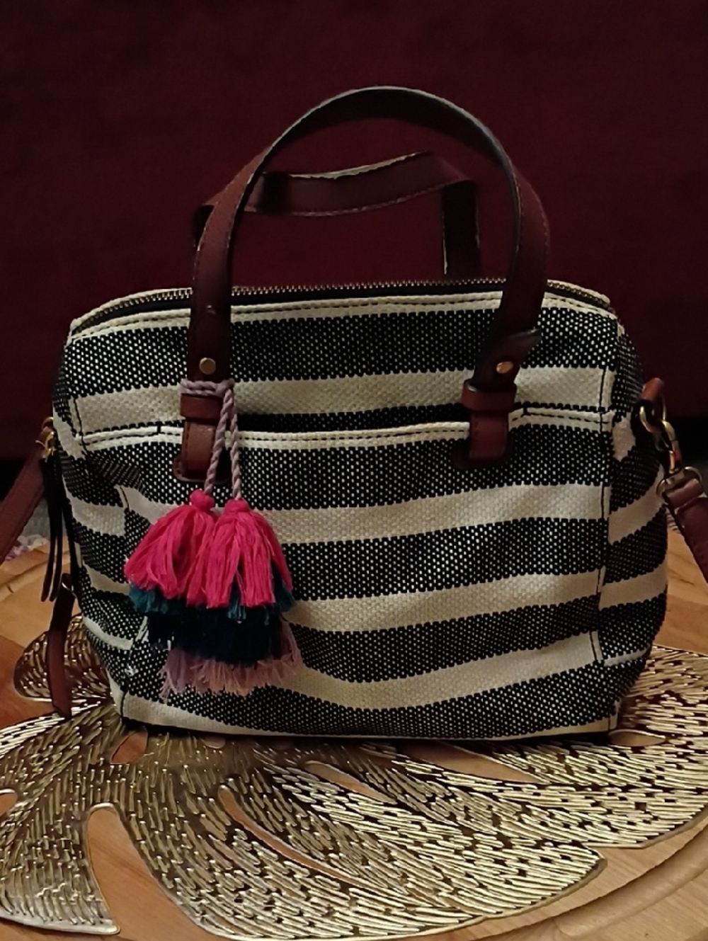 Fossil Black and White Striped Satchel with Brown Leather Trim and Pink Tassel - Picture 3 of 12